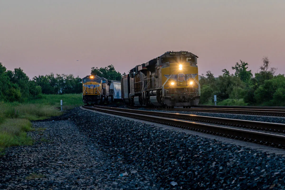 Freight trains travel through Houston, Texas, on Sept. 14, 2022. (Brandon Bell/Getty Images)