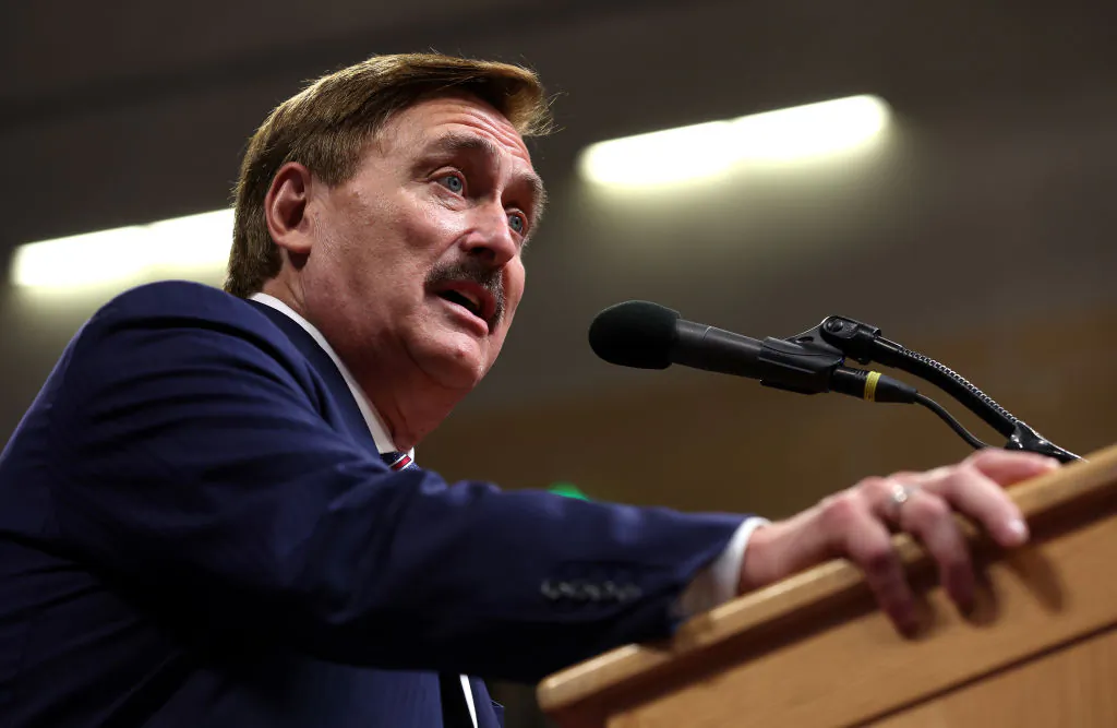 MyPillow CEO Mike Lindell speaks during a "Save America" rally at Alaska Airlines Center in Anchorage, Alaska. on July 9, 2022. (Justin Sullivan/Getty Images)