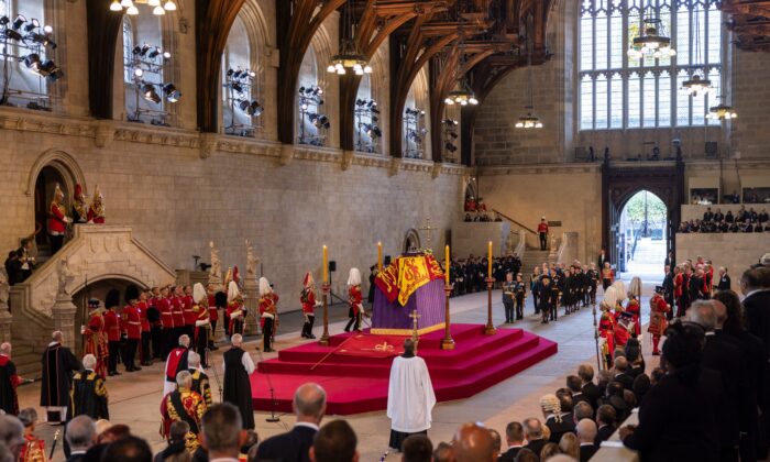 The coffin carrying Queen Elizabeth II is laid to rest for the lying-in-state in Westminster Hall, London, on Sept. 14, 2022. (Dan Kitwood/Getty Images)