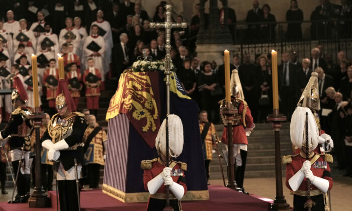 The coffin of Queen Elizabeth II is placed inside Westminster Hall in London, on Sept. 14, 2022. (Nariman El-Mofty - WPA Pool/Getty Images)