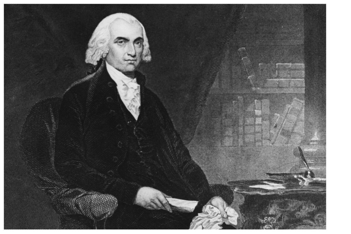 Detail, engraved portrait of James Madison, seated at a writing desk, circa 1800. (Lawrence Thornton/Archive Photos/Getty Images)