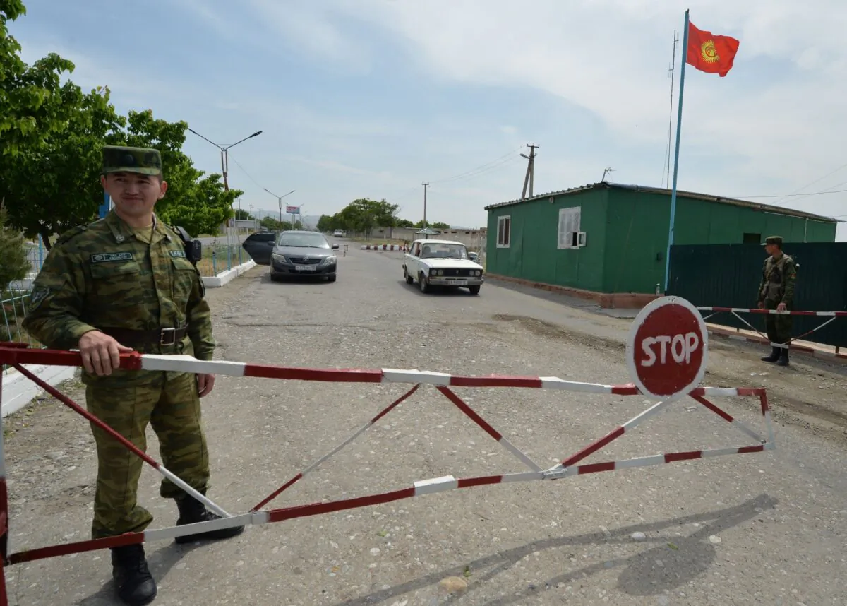 Kyrgyz border guards patrol at a border post in the village of Maksat, near the Kyrgyz-Tajik border, some 1,200 kilometers from Bishkek, on May 4, 2021. (Vyacheslav Oseledko/AFP via Getty Images)
