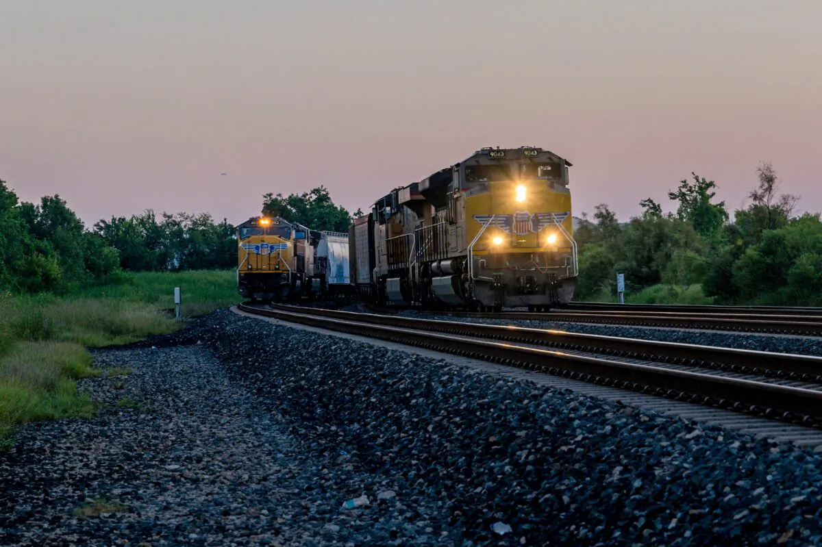 Freight trains travel through Houston on Sept. 14, 2022. (Brandon Bell/Getty Images)