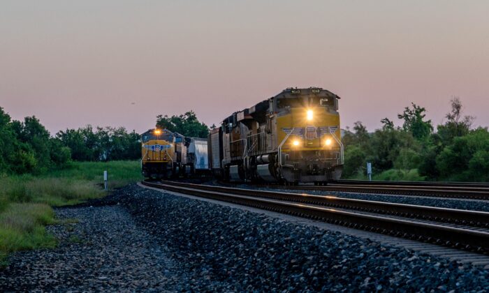 Freight trains travel through Houston on Sept. 14, 2022. (Brandon Bell/Getty Images)
