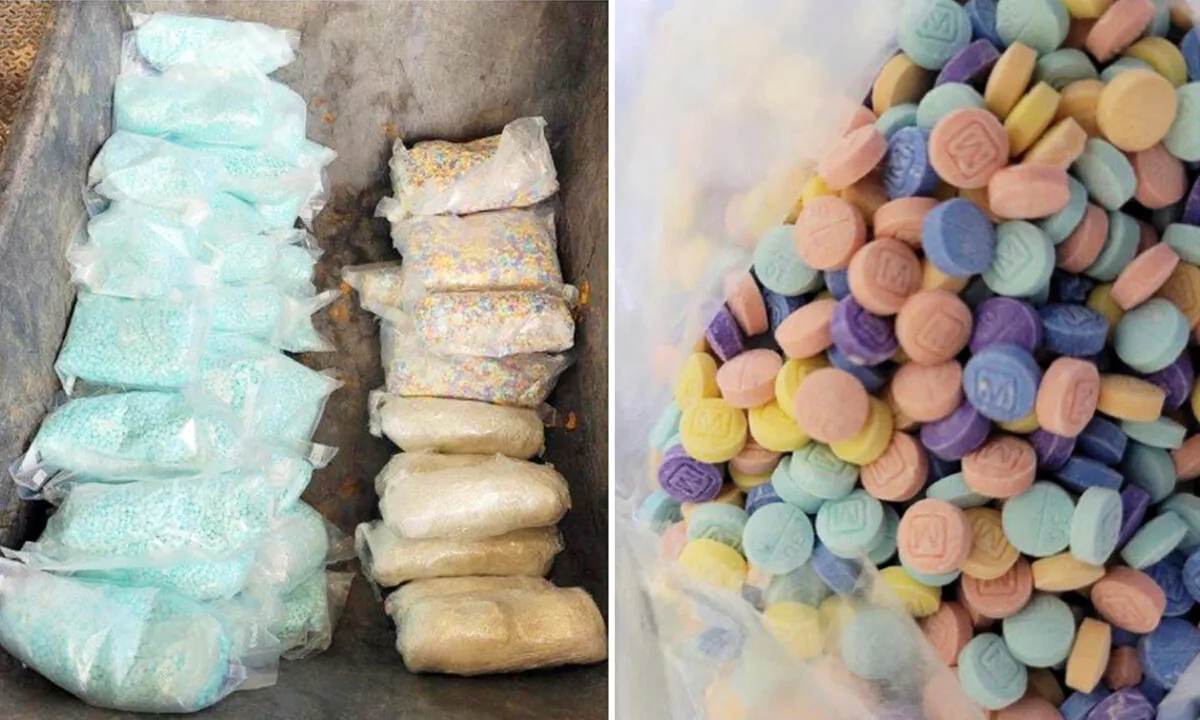 U.S. Customs and Border Protection seized approximately 47,000 rainbow-colored fentanyl pills, 186,000 blue fentanyl pills, and 6.5 pounds of meth hidden in a floor compartment of a vehicle at the Nogales port of entry on the southern border with Mexico on Sept. 3, 2022. (U.S. Customs and Border Protection)