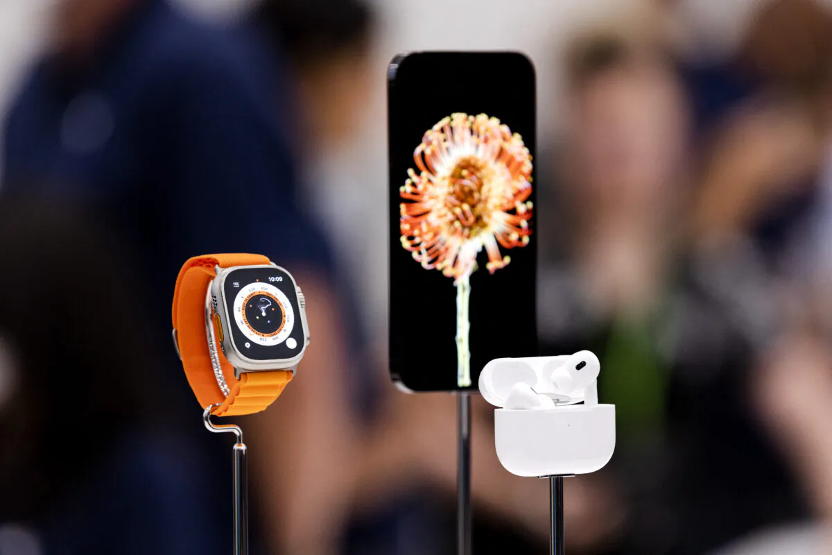 One of the newly released iPhones alongside the new Apple Watch Ultra and AirPod Pros during a launch event for new products at Apple Park in Cupertino, Calif., on Sept. 7, 2022. (Brittany Hosea-Small/AFP via Getty Images)