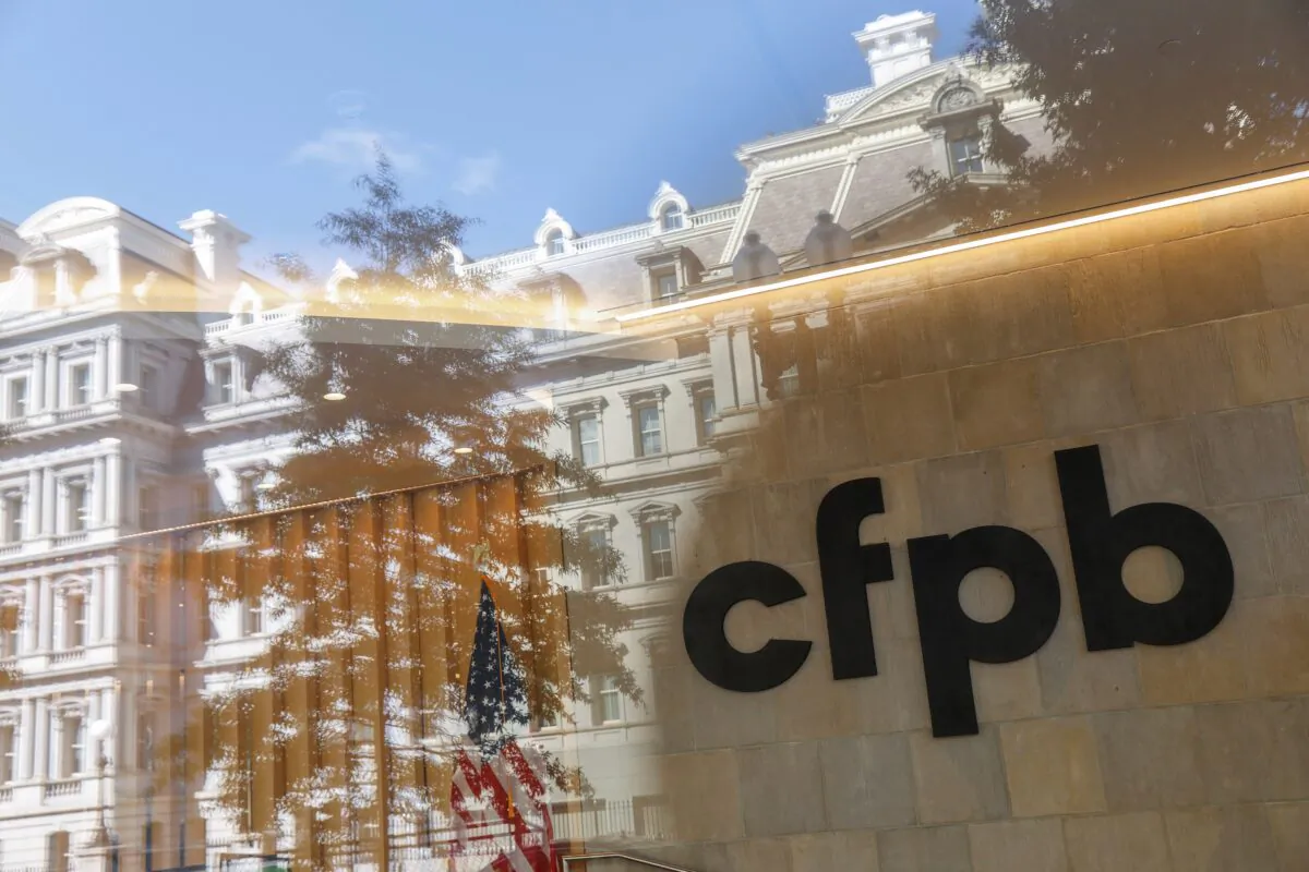 Signage at the Consumer Financial Protection Bureau (CFPB) headquarters in Washington on Aug. 29, 2020. (Andrew Kelly/Reuters)