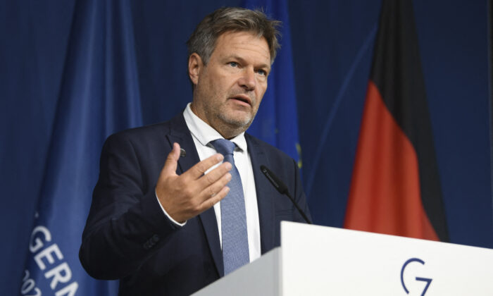 German Economy Minister Robert Habeck addresses the media following a G7 trade ministers meeting at Neuhardenberg Castle, Germany, on Sept. 15, 2022. (Annegret Hilse/Reuters)