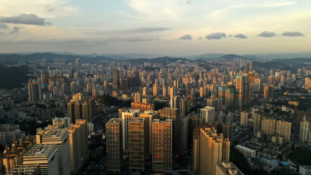 Aerial photo shows the twin towers of Huaguoyuan in guiyang, southwest China's guizhou province, July 16, 2019. (Costfoto/Future Publishing via Getty Images)