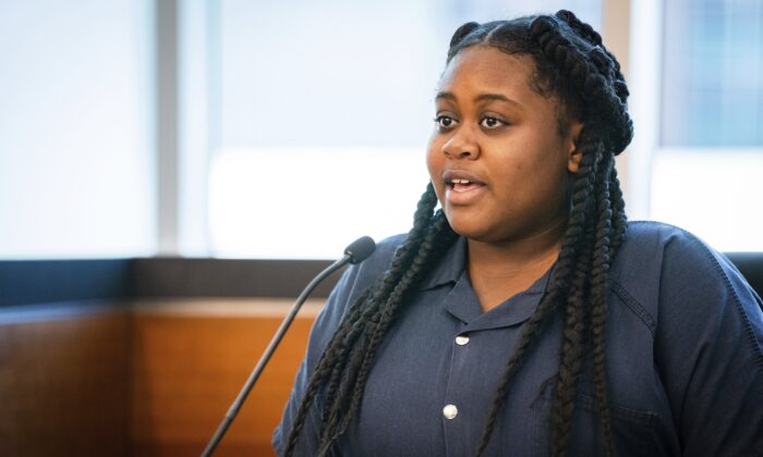 Pieper Lewis gives her allocution during a sentencing hearing in Des Moines, Iowa, on Sept. 13, 2022. (Zach Boyden-Holmes/The Des Moines Register via AP)