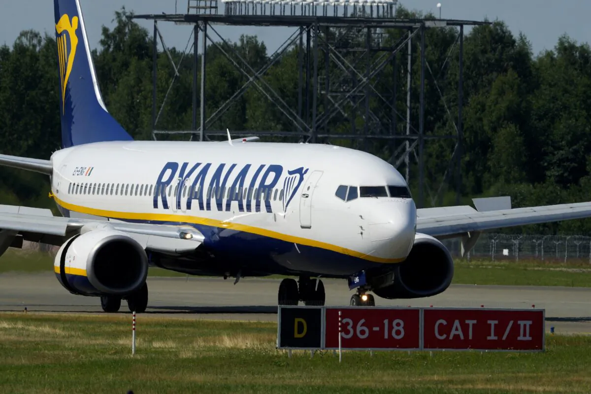Ryanair aircraft Boeing 737-8AS lands at Riga International Airport in Latvia on July 21, 2022. (Ints Kalnins/Reuters)