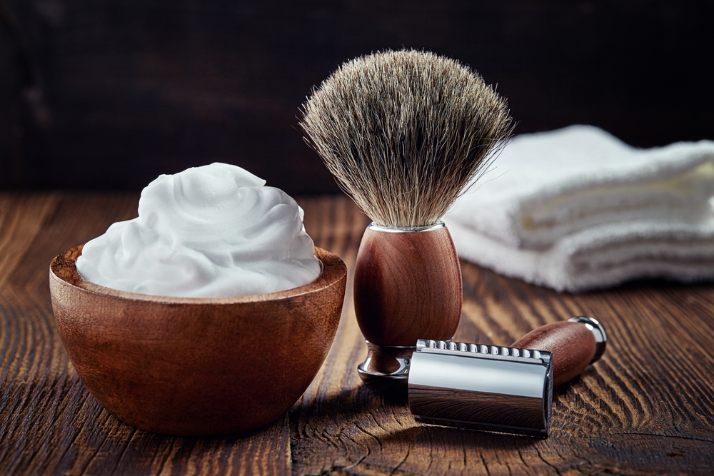 Shaving,Accessories,On,Wooden,Background