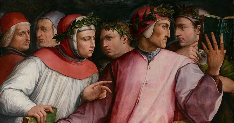A detail from "Six Tuscan Poets," 1544, by Giorgio Vasari shows the outstanding poets of the Renaissance. The poets are (L–R): Cino da Pistoia, Giuttone d'Arezzo, Petrarch, Giovanni Boccaccio, Dante Alighieri and Guido Cavalcanti. Minneapolis Institute of Art. (Public Domain)