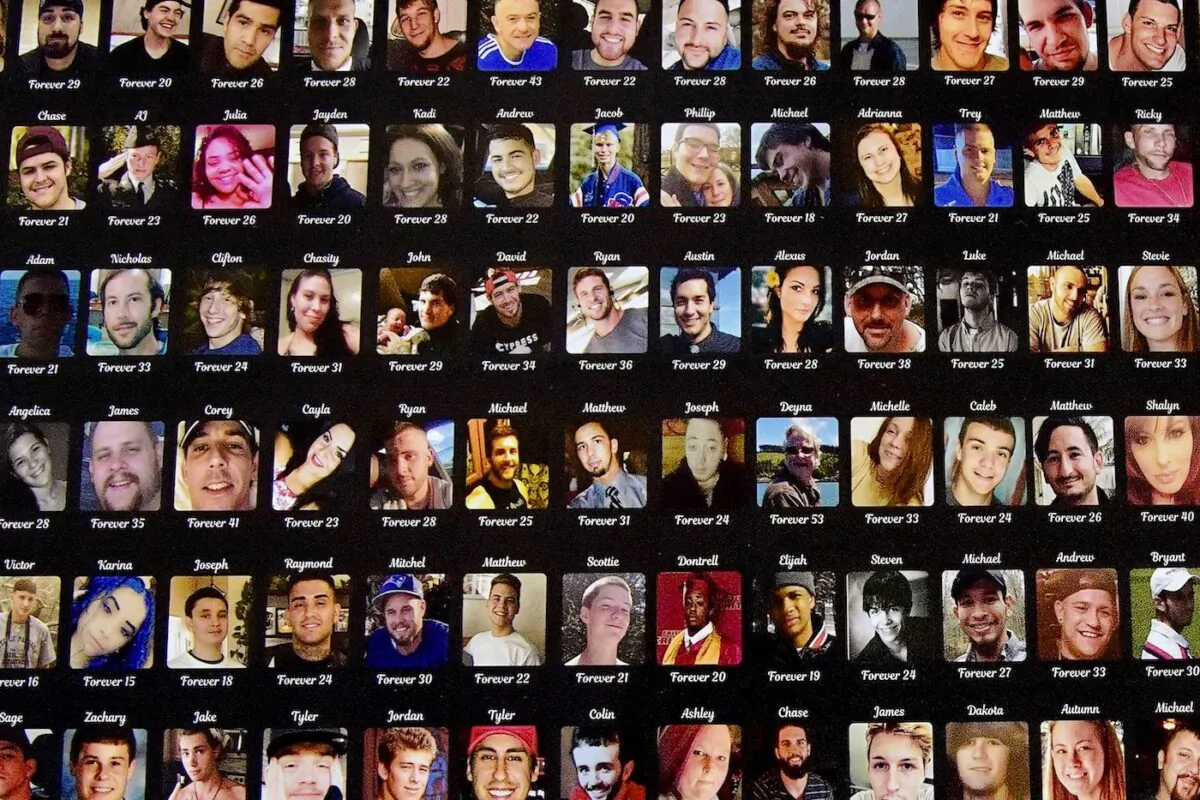 'The Faces of Fentanyl' wall, which displays photos of Americans who died from a fentanyl overdose, at the Drug Enforcement Administration (DEA) headquarters in Arlington, Virginia, on July 13, 2022. (Agnes Bun/AFP via Getty Images)