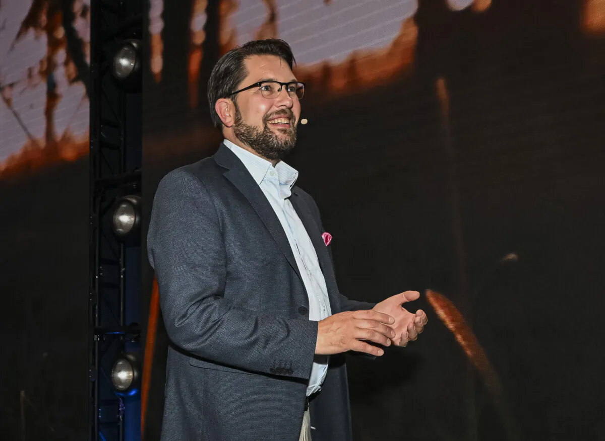 The leader of the Sweden Democrats Jimmie Akesson arrives at the party's election watch in Nacka, near Stockholm late Sunday evening on September 11, 2022. (JONATHAN NACKSTRAND/AFP via Getty Images)