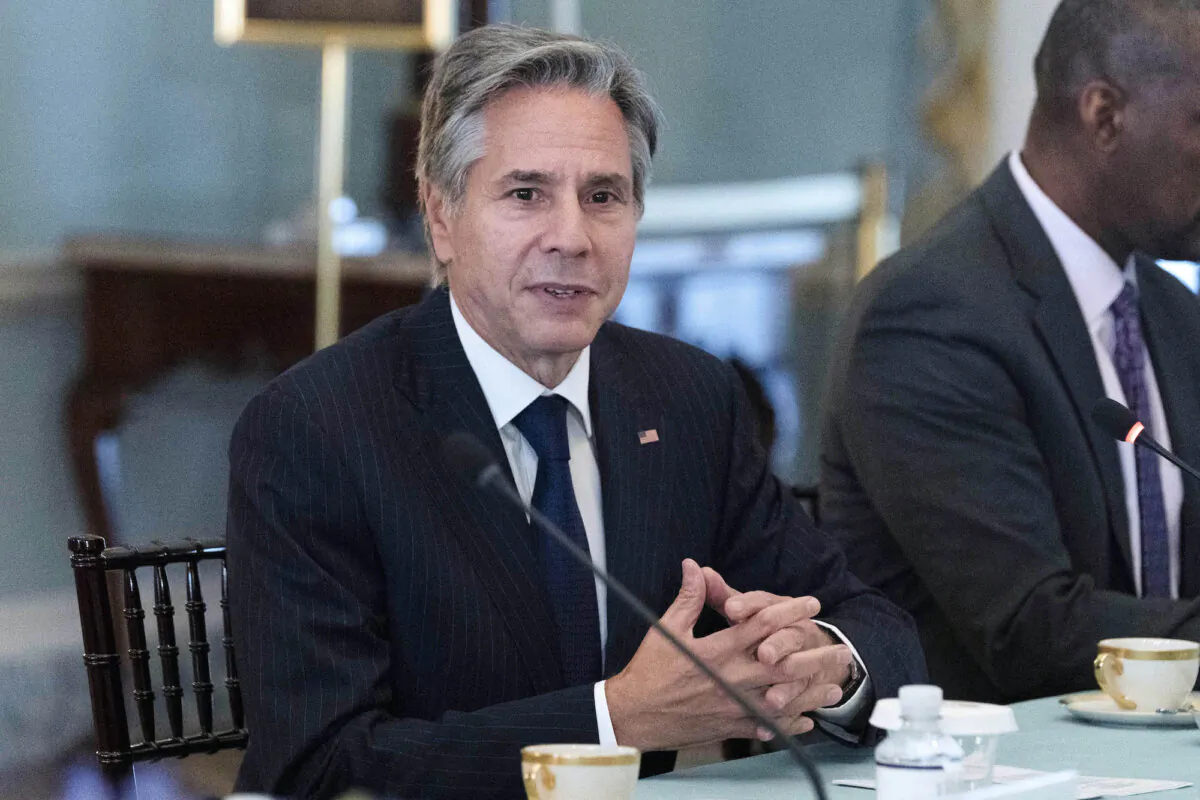 Secretary of State Antony Blinken speaks with Portuguese Foreign Minister João Gomes Cravinho during a bilateral meeting at Department of State in Washington, on Sept. 15, 2022. (Jose Luis Magana / POOL /AFP via Getty Images)