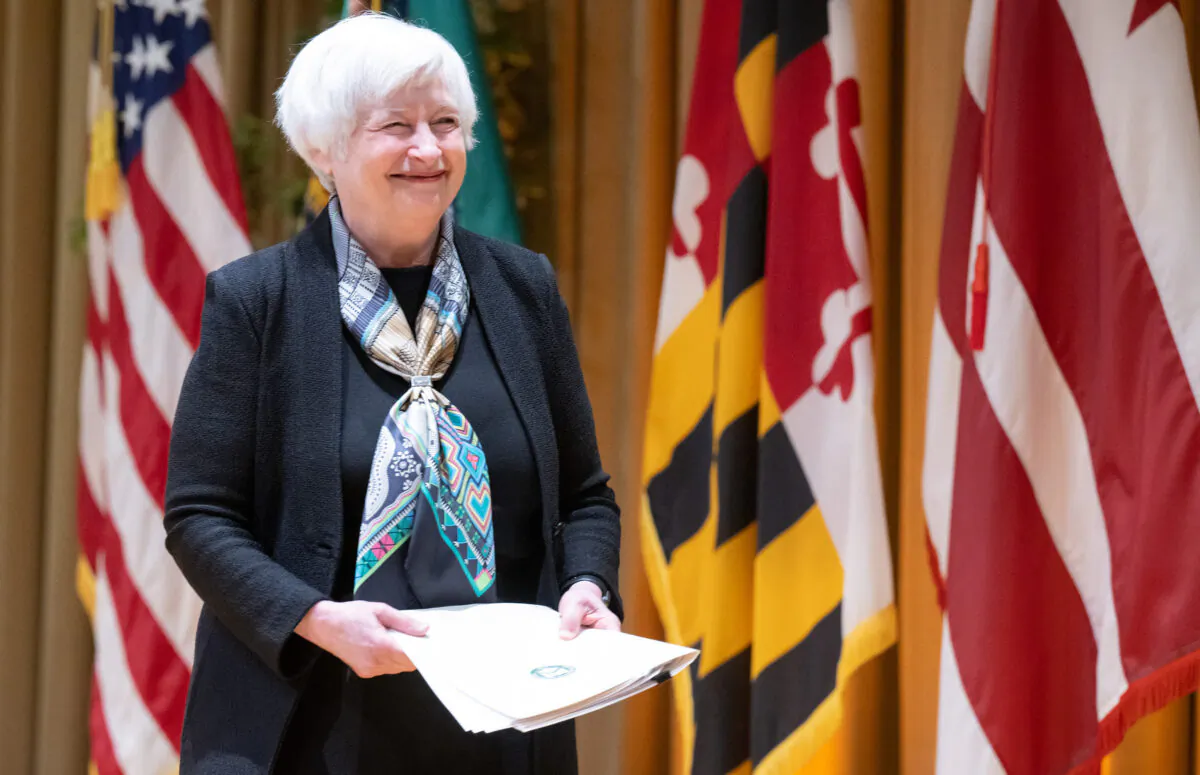 Treasury Secretary Janet Yellen ends her speech to Internal Revenue Service (IRS) employees about the Inflation Reduction Act of 2022 following a tour of the IRS New Carrollton Federal Building in Lanham, Md., on Sept. 15, 2022. (Saul Loeb/AFP via Getty Images)