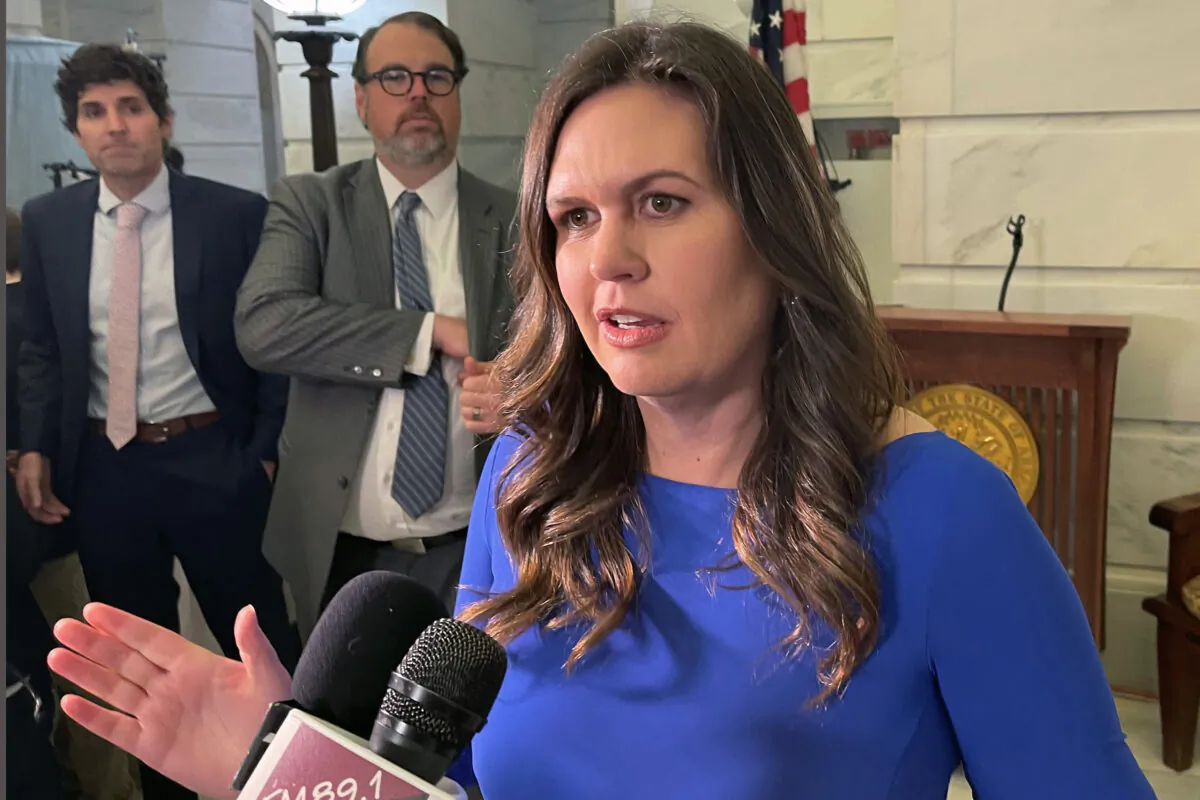 Arkansas Republican gubernatorial candidate Sarah Sanders talks to reporters at the Arkansas state Capitol in Little Rock, Ark., on Feb. 22, 2022. (Andrew DeMillo/AP Photo)