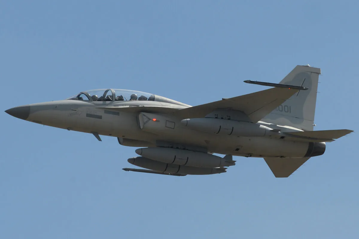 A South Korean-made FA-50 multirole light fighter aircraft performs a fly-past during a ceremony prior to landing at the Clark Air Base in Angeles City, Pampanga province, north of Manila, Philippines, on Nov. 28, 2015. (Ted Aljibe/AFP via Getty Images)