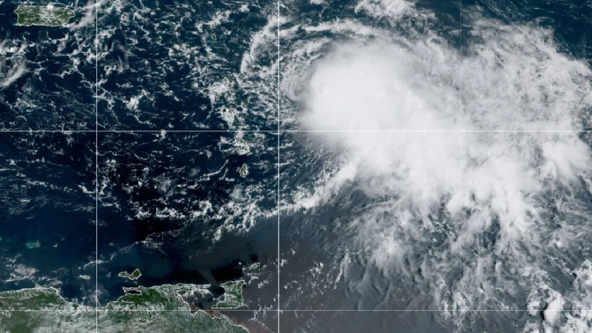 A satellite image shows Tropical Storm Fiona in the North Atlantic Ocean at 10:00 a.m. ET on Sept. 16, 2022. (CIRA/NOAA)