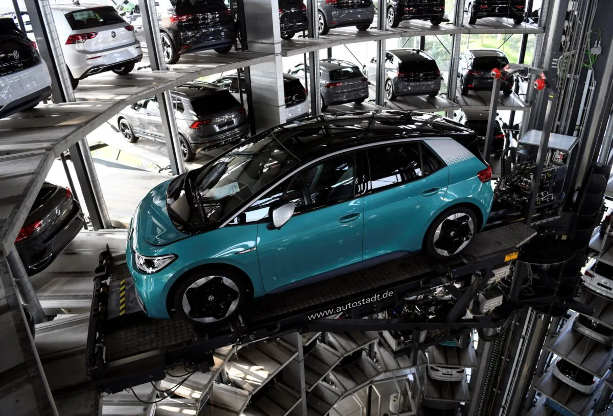 A new Volkswagen ID.3 electric car in a fully automatic high-bay-rack for delivery by the German automaker at the "Autostadt" in Wolfsburg, Germany, on Sept. 11, 2020. (Annegret Hilse/Reuters)
