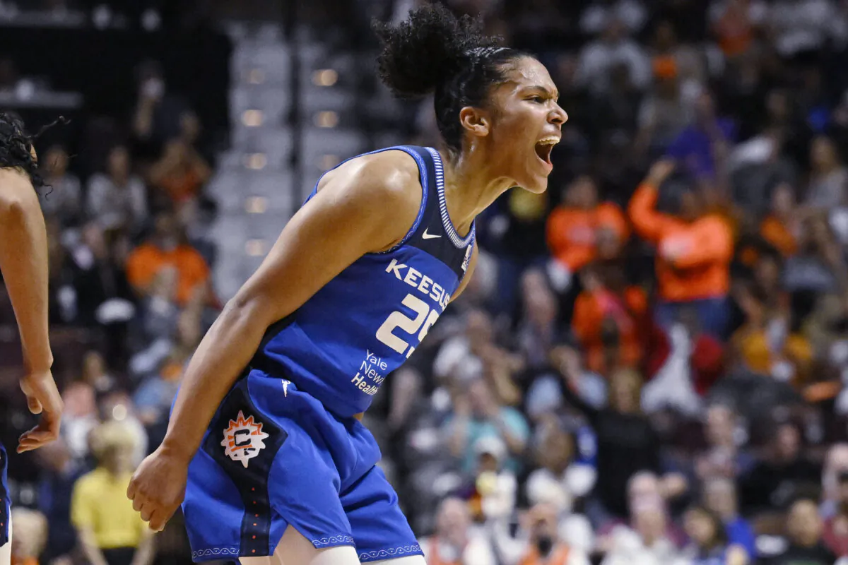 Connecticut Sun's Alyssa Thomas reacts during the first half in Game 3 of a WNBA basketball final playoff series against the Las Vegas Aces in Uncasville, Conn., on Sept. 15, 2022. (Jessica Hill/AP Photo)