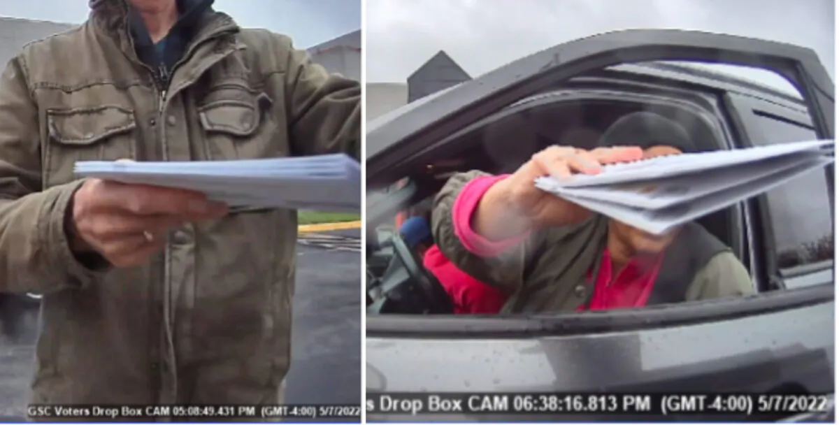 Individuals are captured delivering more than two ballots at the drop box at 601 Westtown Road, West Chester, Pennsylvania, in May 2022. (America First Legal)