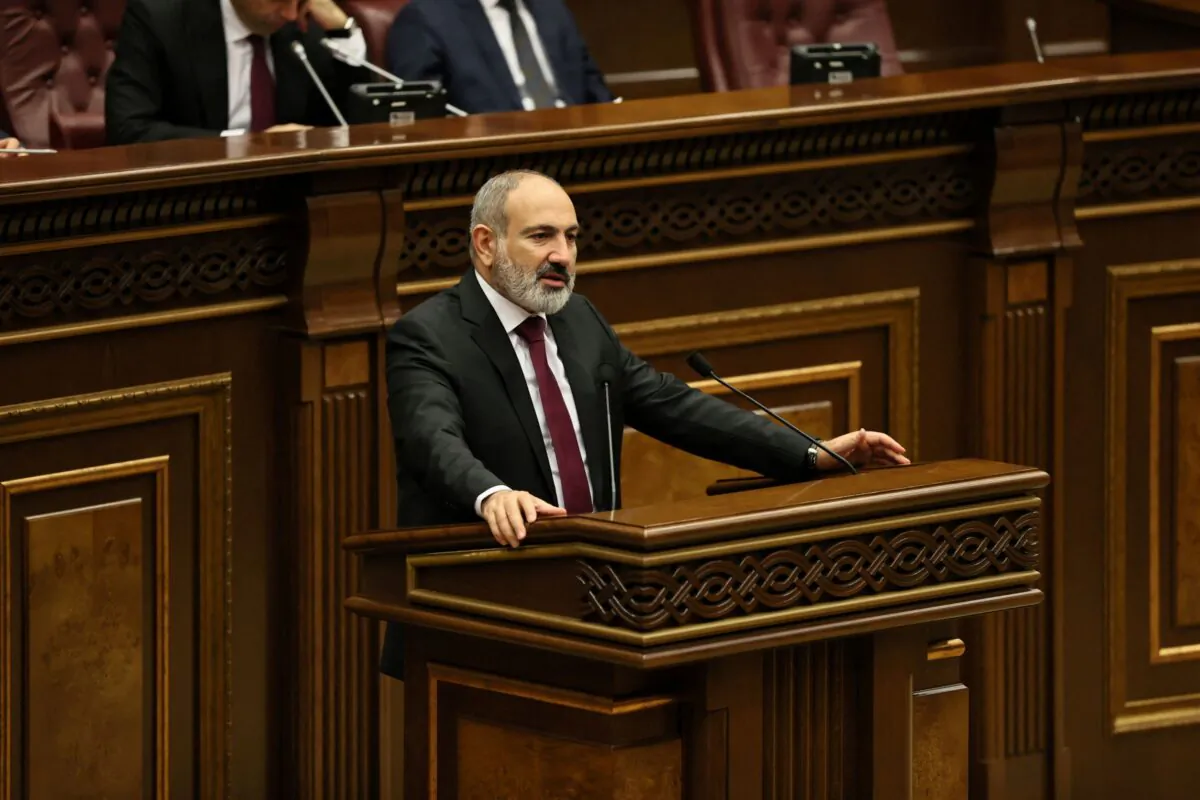 Armenian Prime Minister Nikol Pashinyan addresses parliament following an escalation in hostilities over the Nagorno-Karabakh region along the border of Armenia with Azerbaijan, in Yerevan, Armenia, on Sept. 13, 2022. (Tigran Mehrabyan/PAN Photo via Reuters)