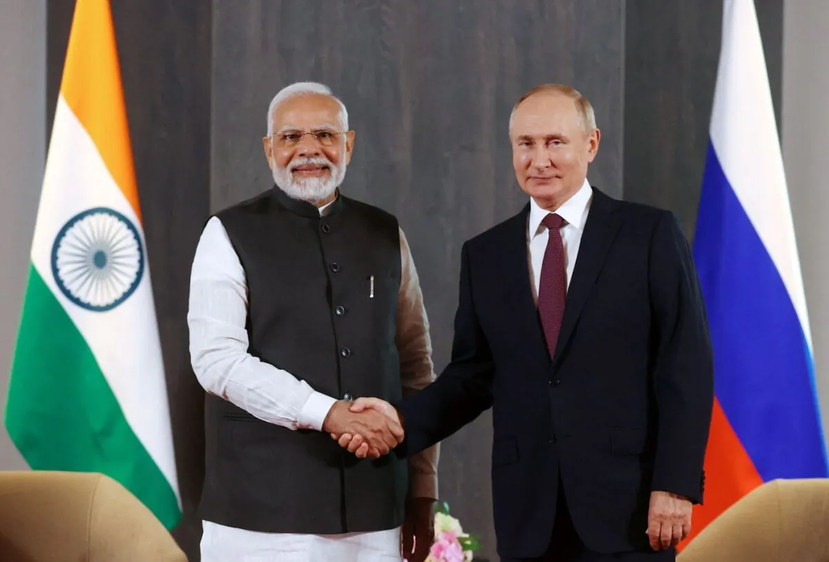 Russian President Vladimir Putin meets with Indian Prime Minister Narendra Modi on the sidelines of the Shanghai Cooperation Organisation leaders' summit in Samarkand, Uzbekistan, on Sept. 16, 2022. (Alexandr Demyanchuk/Sputnik/AFP via Getty Images)