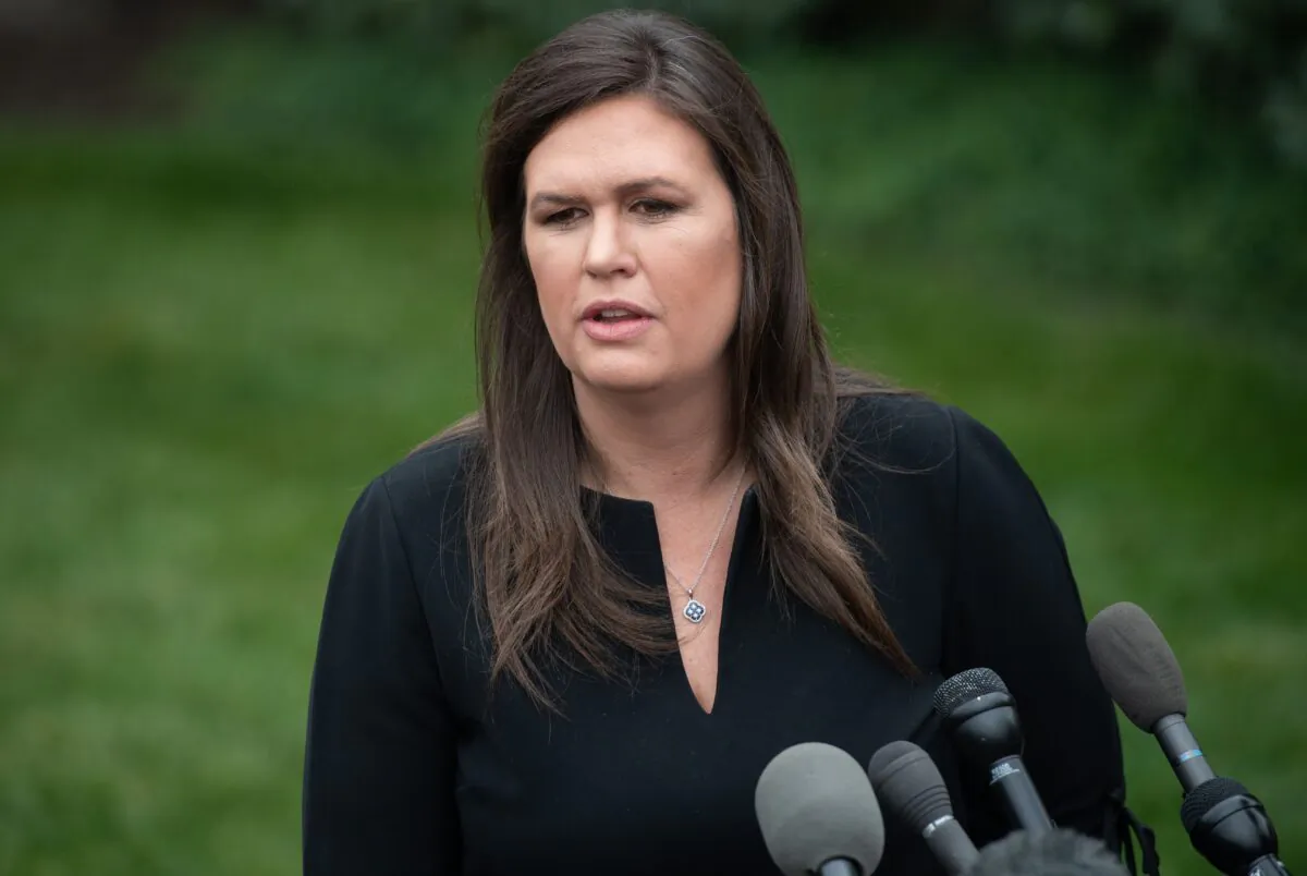 White House Press Secretary Sarah Sanders speaks to the press in the driveway of the White House on May 8, 2019. (Saul Loeb/AFP via Getty Images)