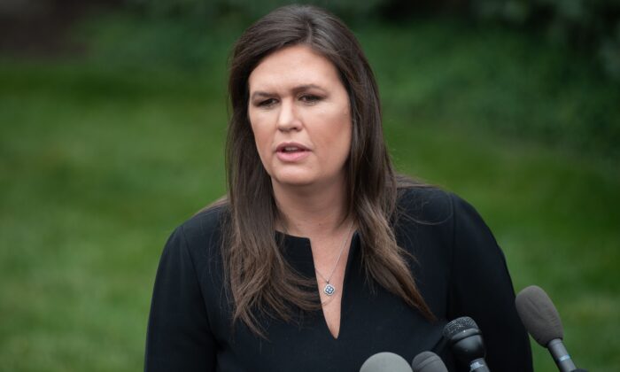 White House Press Secretary Sarah Sanders speaks to the press in the driveway of the White House on May 8, 2019. (Saul Loeb/AFP via Getty Images)