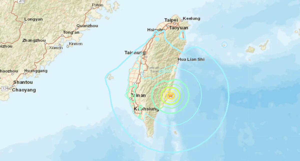 A map shows the location of an earthquake that struck southeastern Taiwan on Sept. 17, 2022. (USGS/Screenshot via The Epoch Times)