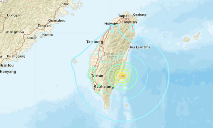 A map shows the location of an earthquake that struck southeastern Taiwan on Sept. 17, 2022. (USGS/Screenshot via The Epoch Times)