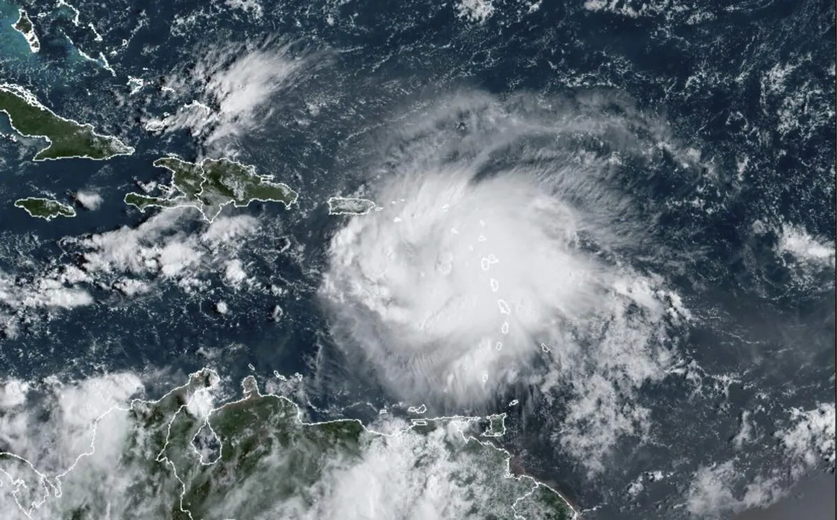 This satellite image shows Tropical Storm Fiona in the Caribbean on Sept. 17, 2022. (NOAA via AP)