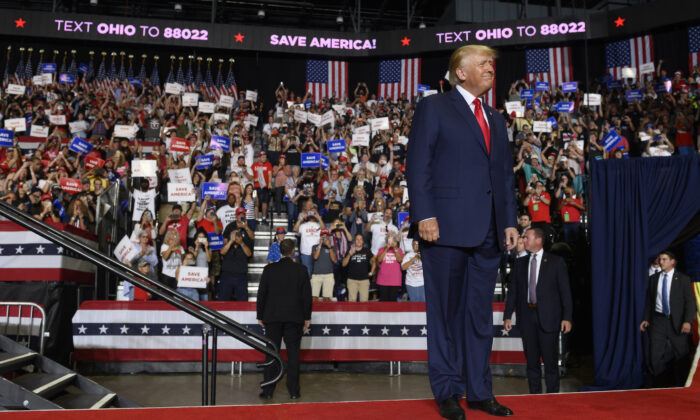 Former President Donald Trump enters the stage at a Save America Rally to support Republican candidates running for state and federal offices in the state of Ohio at the Covelli Centre in Youngstown, Ohio, on Sept. 17, 2022. (Jeff Swensen/Getty Images)
