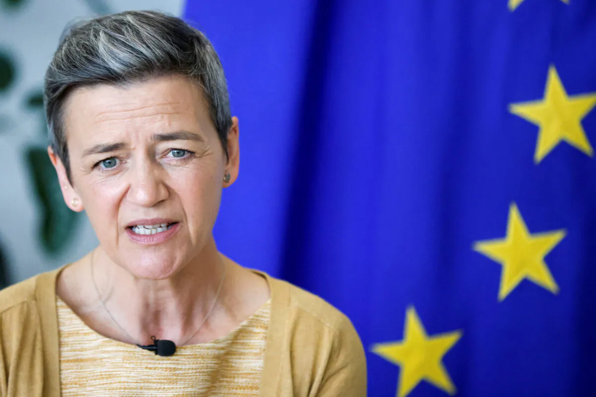European Commission Vice President Margrethe Vestager speaks during an interview with Reuters in Brussels on March 28, 2022. (Johanna Geron/Reuters)