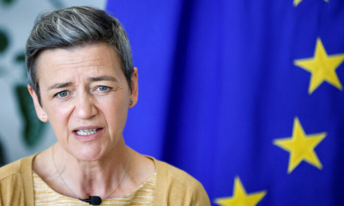 European Commission Vice President Margrethe Vestager speaks during an interview with Reuters in Brussels on March 28, 2022. (Johanna Geron/Reuters)