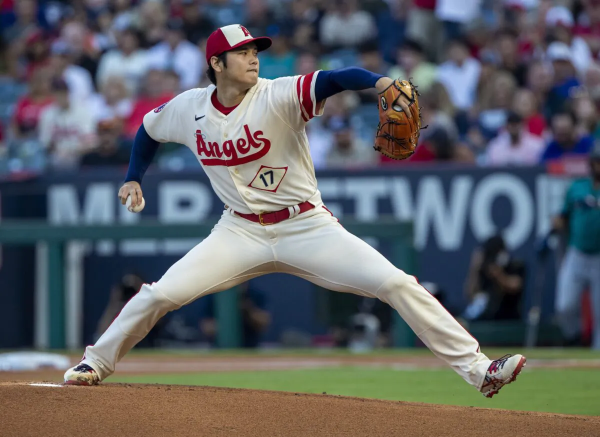 Los Angeles Angels starting pitcher Shohei Ohtani throws to a Seattle Mariners batter during the first inning of a baseball game in Anaheim, Calif., on Sept. 17, 2022. (Alex Gallardo/AP Photo)