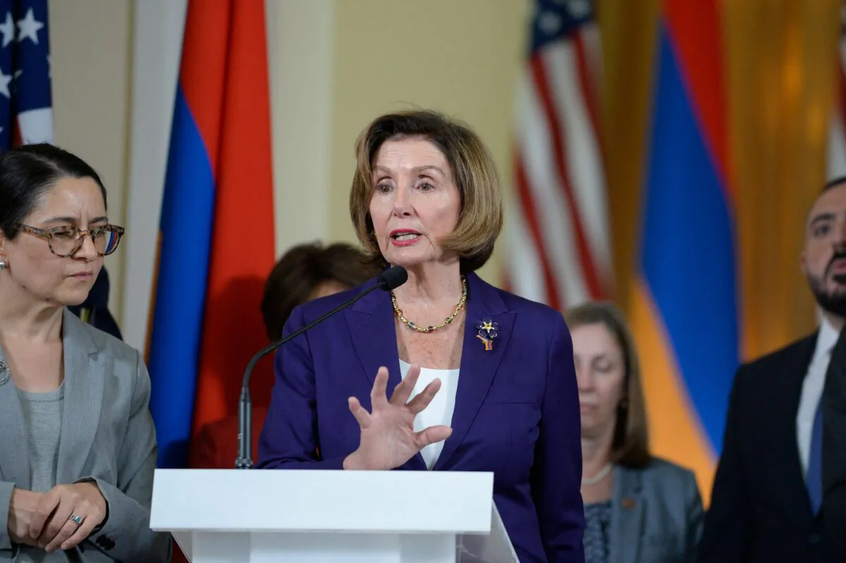 U.S. House Speaker Nancy Pelosi holds a press conference in the parliament in Yerevan, Armenia, on Sept. 18, 2022. (Karen Minasyan/AFP via Getty Images)