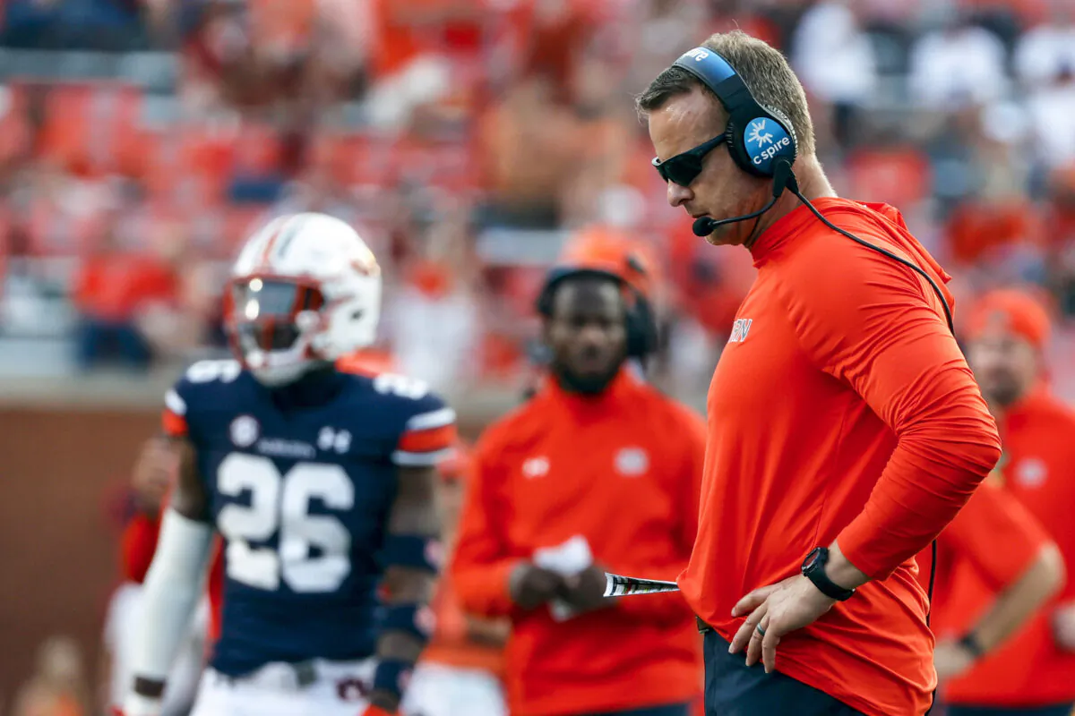 Auburn head coach Bryan Harsin reacts after a turnover during the second half of an NCAA college football game against Penn State in Auburn, Ala., on Sept. 17, 2022. (Butch Dill/AP Photo)