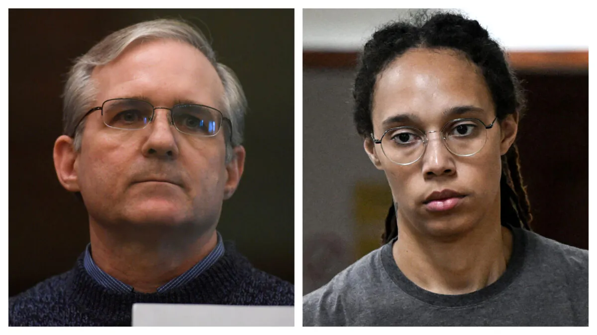 (Left) Paul Whelan, a former U.S. marine, in Moscow on June 15, 2020. (Right) Women's National Basketball Association (WNBA) basketball player Brittney Griner at the Khimki Court, outside Moscow on Aug. 4, 2022. (Kirill Kudryavtsev/AFP via Getty Images)
