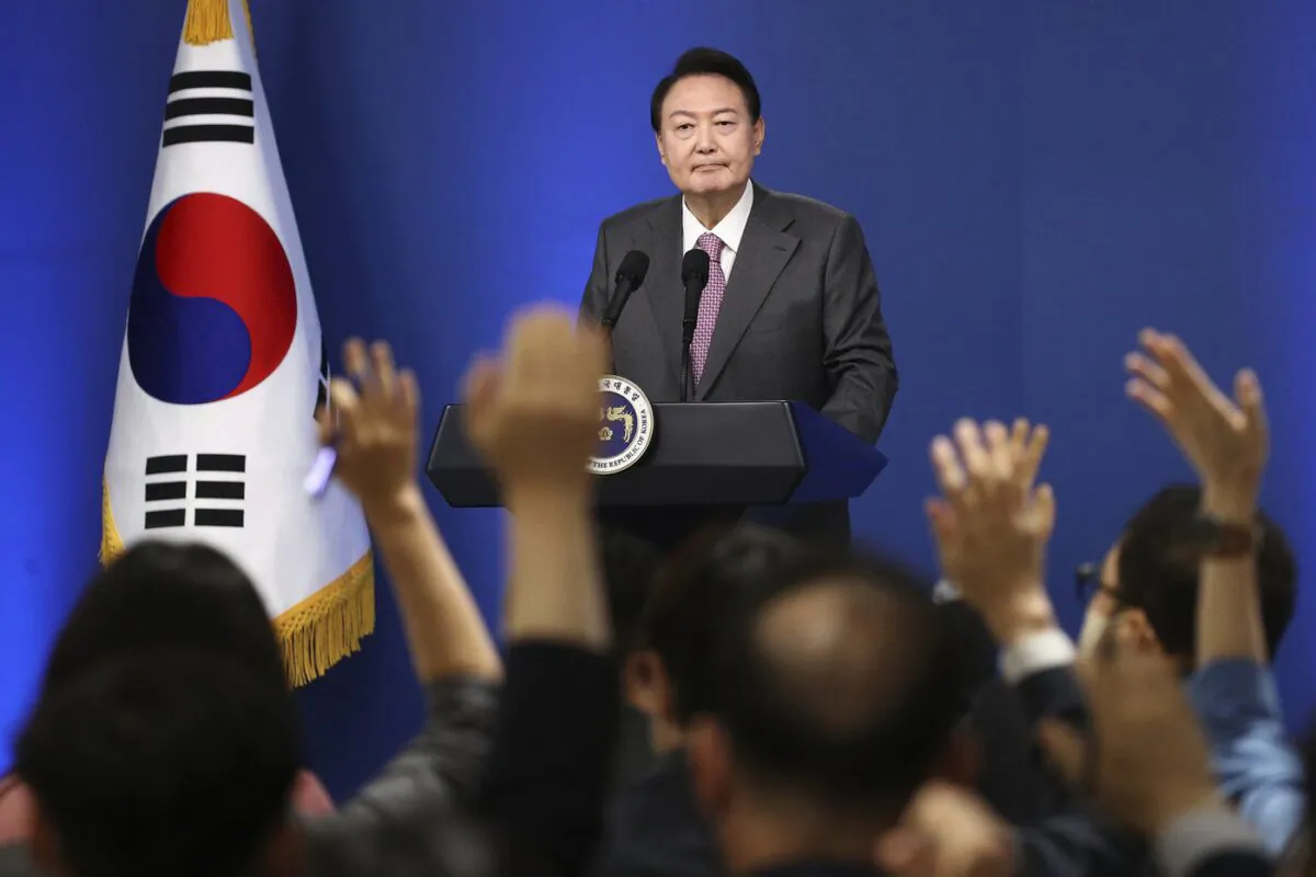 South Korean President Yoon Suk Yeol takes a question during a news conference to mark his first 100 days in office at the presidential office in Seoul, Aug. 17, 2022. (The Canadian Press/AP-POOL, Chung Sung-Jun)