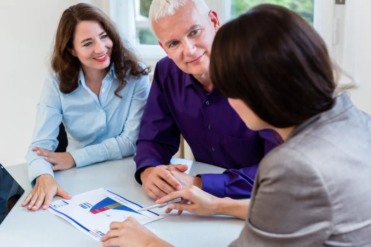 A couple discuss their retirement plan with their wealth adviser. (Kzenon/Shutterstock)