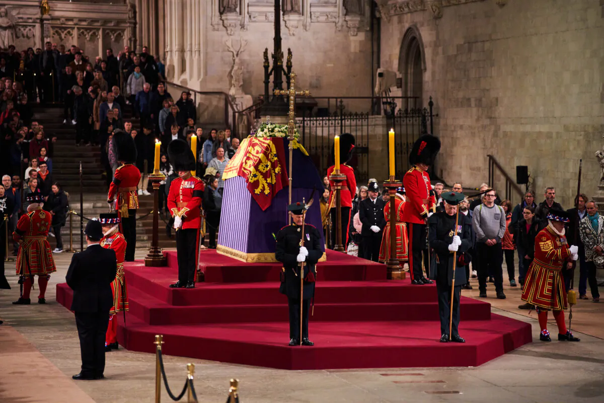 The coffin of Her Majesty Queen Elizabeth II, draped with the Royal Standard, placed on top of a catafalque at the lying-in-state in Westminster Hall in London on Sept. 18, 2022. (Courtesy of Howard Cheng)