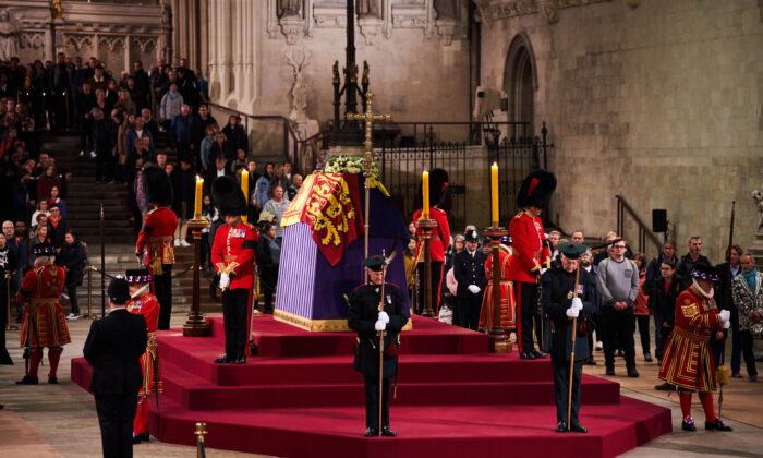 The coffin of Her Majesty Queen Elizabeth II, draped with the Royal Standard, placed on top of a catafalque at the lying-in-state in Westminster Hall in London on Sept. 18, 2022. (Courtesy of Howard Cheng)
