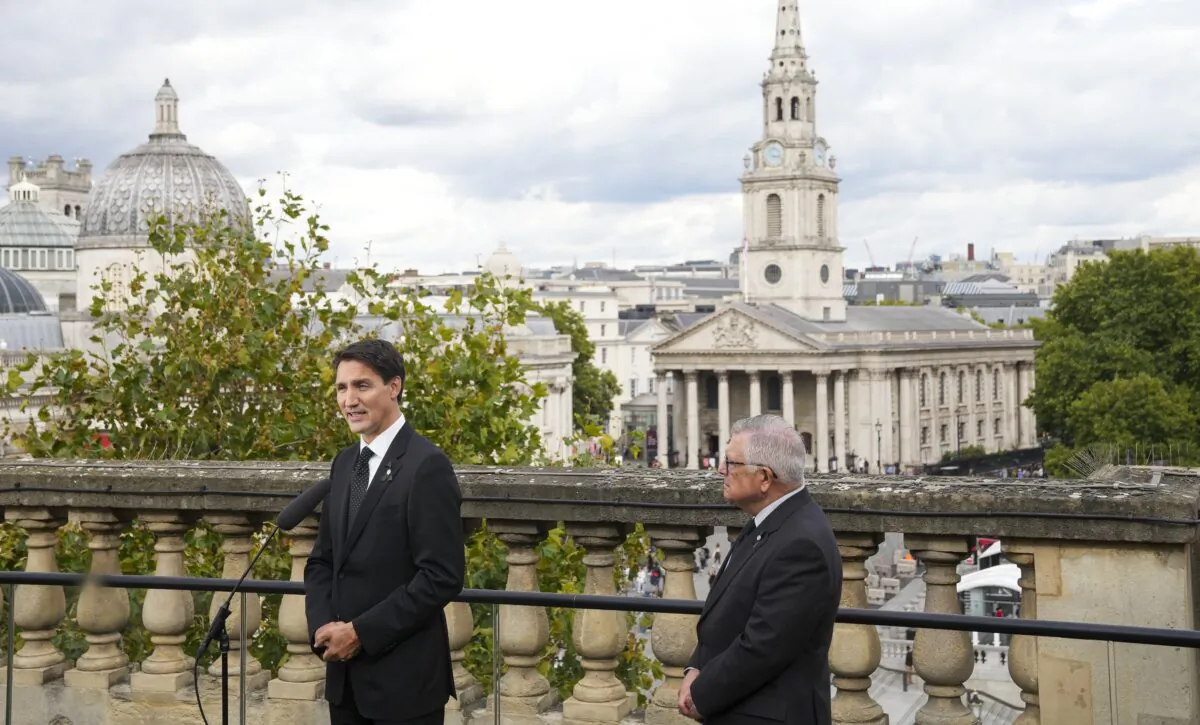 Prime Minister Justin Trudeau speaks with the media at Canada House after visiting 10 Downing Street to meet with the United Kingdom Prime Minister Liz Truss in London on Sept. 18, 2022.  (Nathan Denette/The Canadian Press)