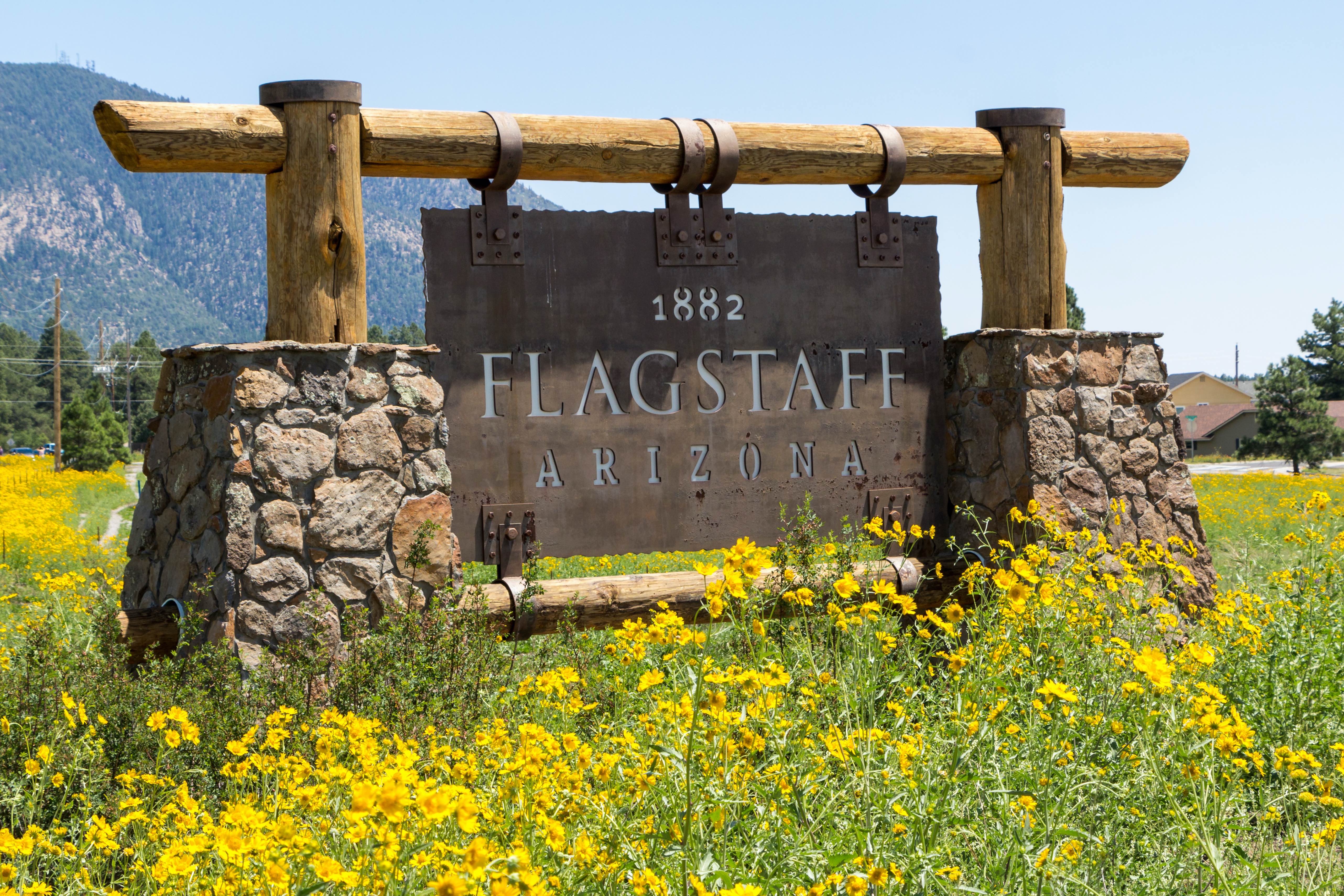 Entering sign Flagstaff Arizona in a mountain landscape with yellow flowers