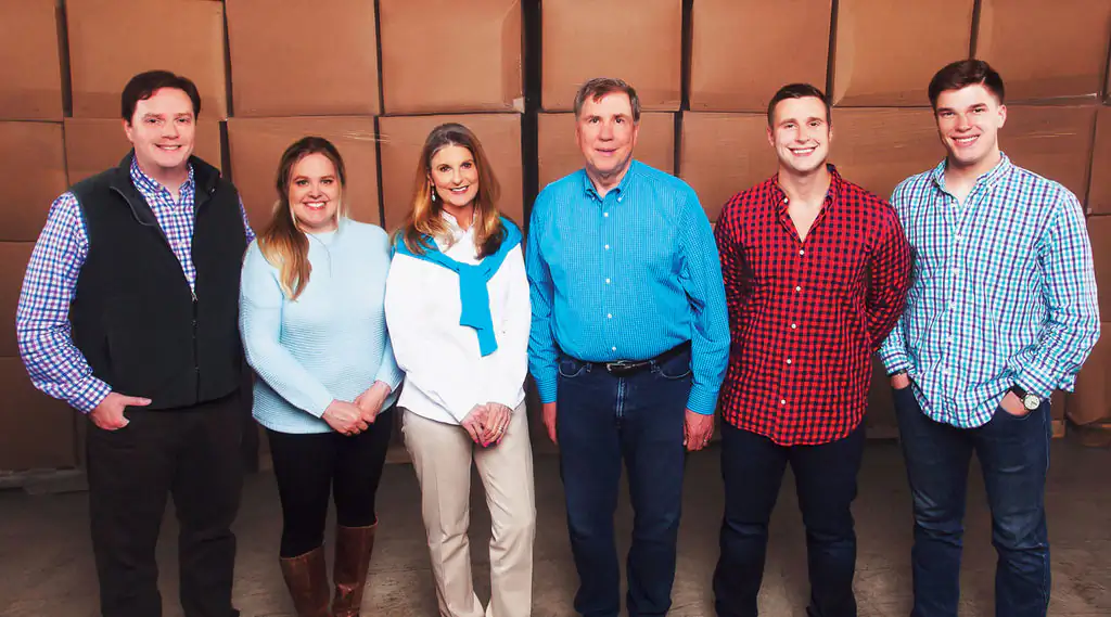 The Leach family of the Ada, Oklahoma-based pillow maker, Leachco. Founder Jamie Leach is third from the left. (Photo courtesy of Leachco)