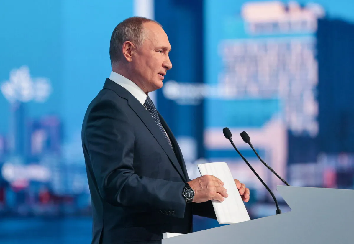 Russian President Vladimir Putin delivers a speech at the plenary session of the 2022 Eastern Economic Forum (EEF) in Vladivostok, Russia, on Sept. 7, 2022. (Vladimir Smirnov/TASS Host Photo Agency/Handout via Reuters)