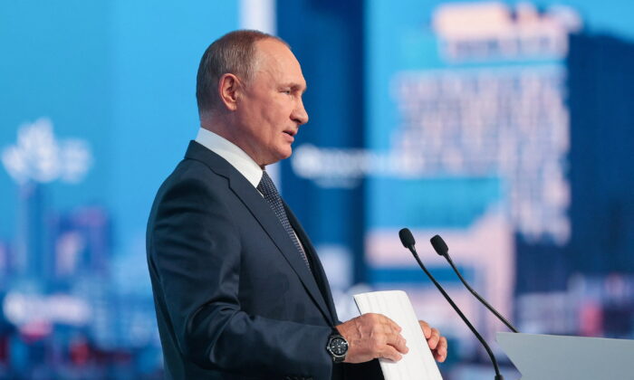 Russian President Vladimir Putin delivers a speech at the plenary session of the 2022 Eastern Economic Forum (EEF) in Vladivostok, Russia, on Sept. 7, 2022. (Vladimir Smirnov/TASS Host Photo Agency/Handout via Reuters)